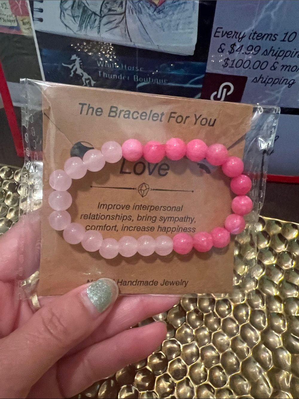 #2520**Love Pink Beaded Stretch Bracelet - Natural Handmade Jewelry - Picture 5 of 17